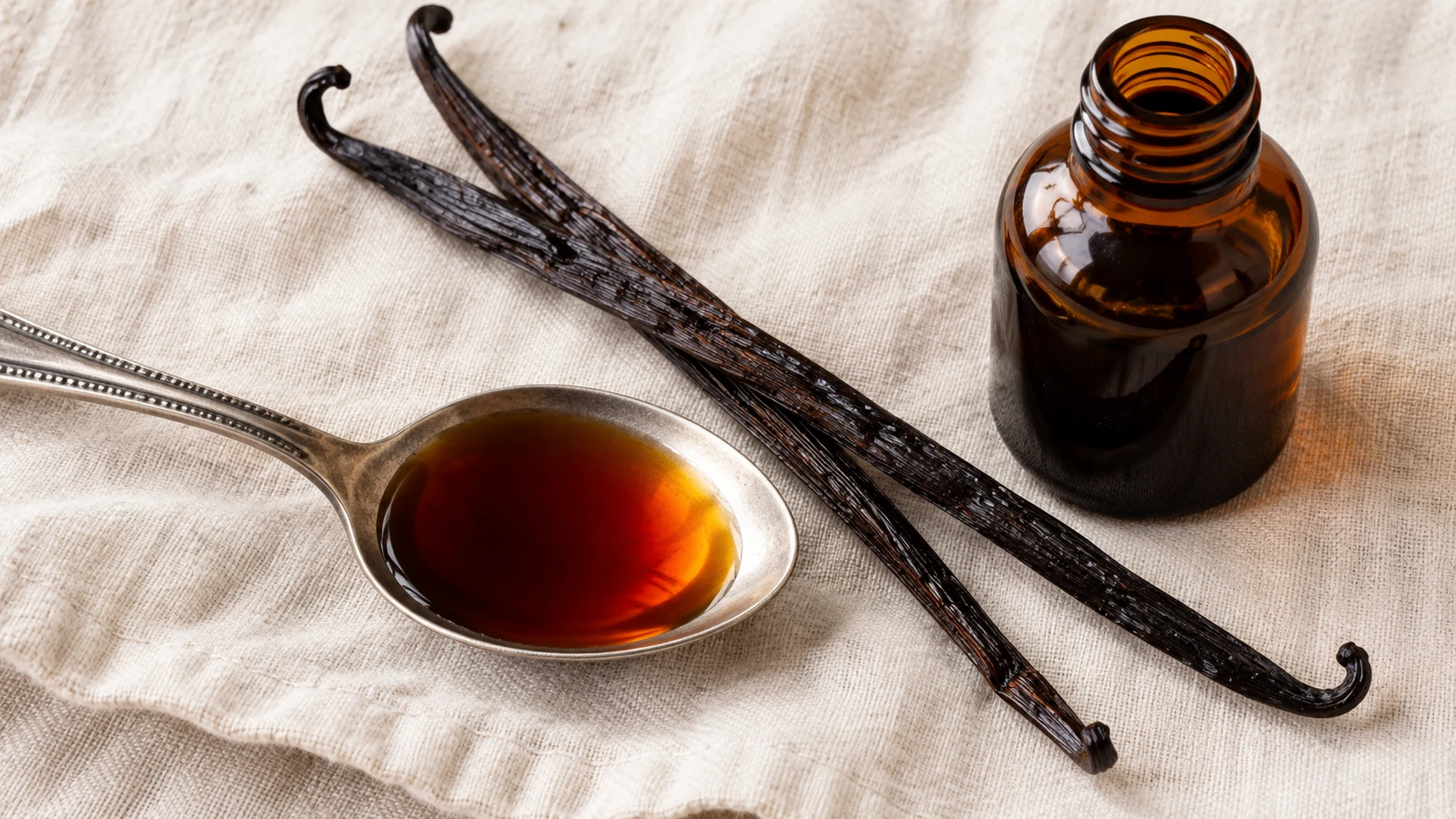 Pure vanilla extract in a spoon beside two vanilla beans