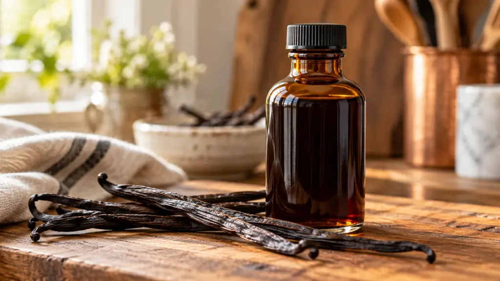 Pure vanilla extract in an amber bottle beside vanilla pods