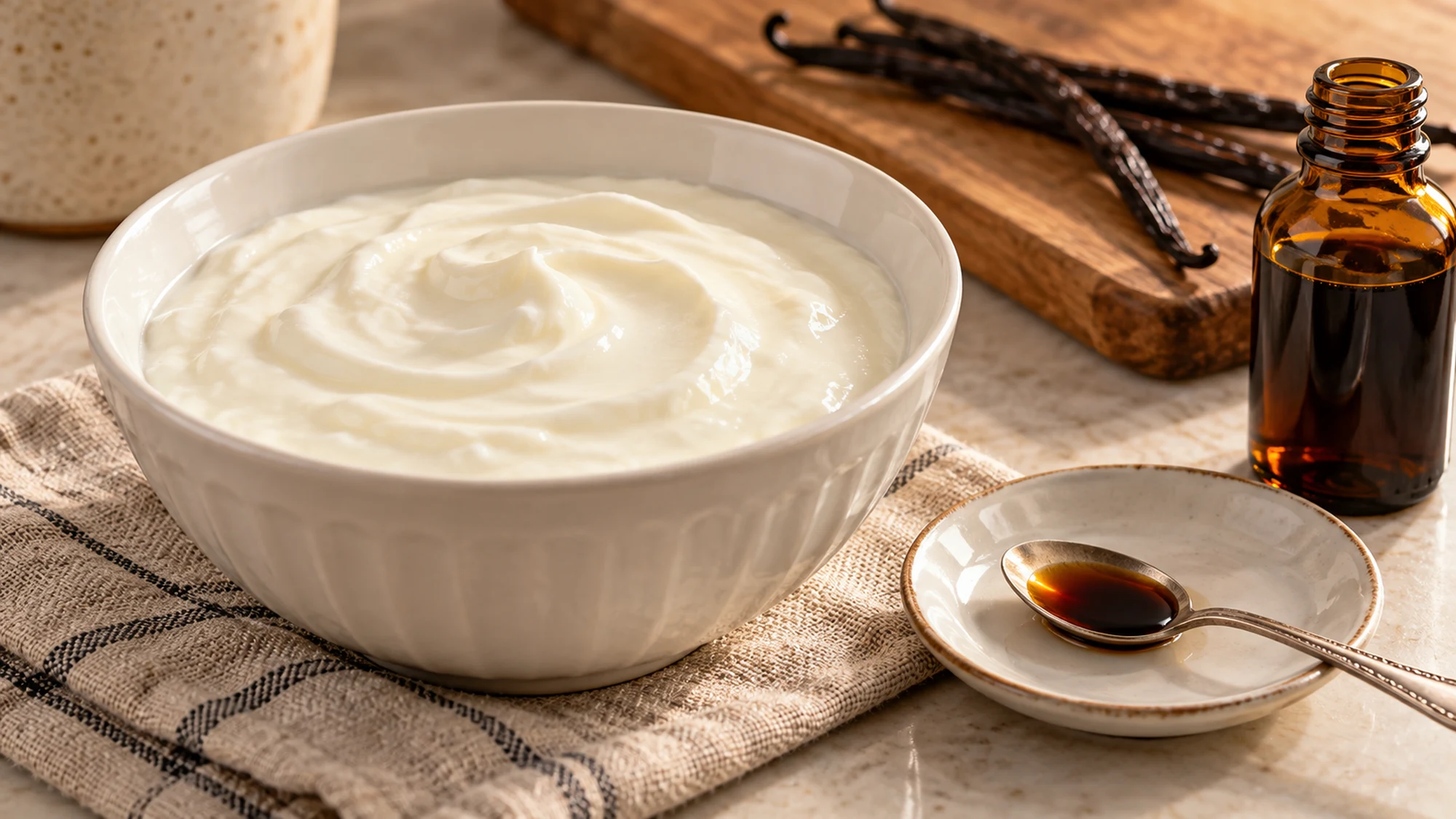 Pure vanilla extract measured beside a bowl of plain yogurt