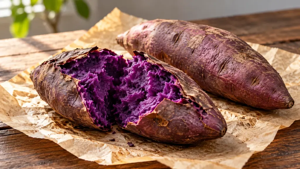 Baked purple sweet potato split open to show its violet flesh