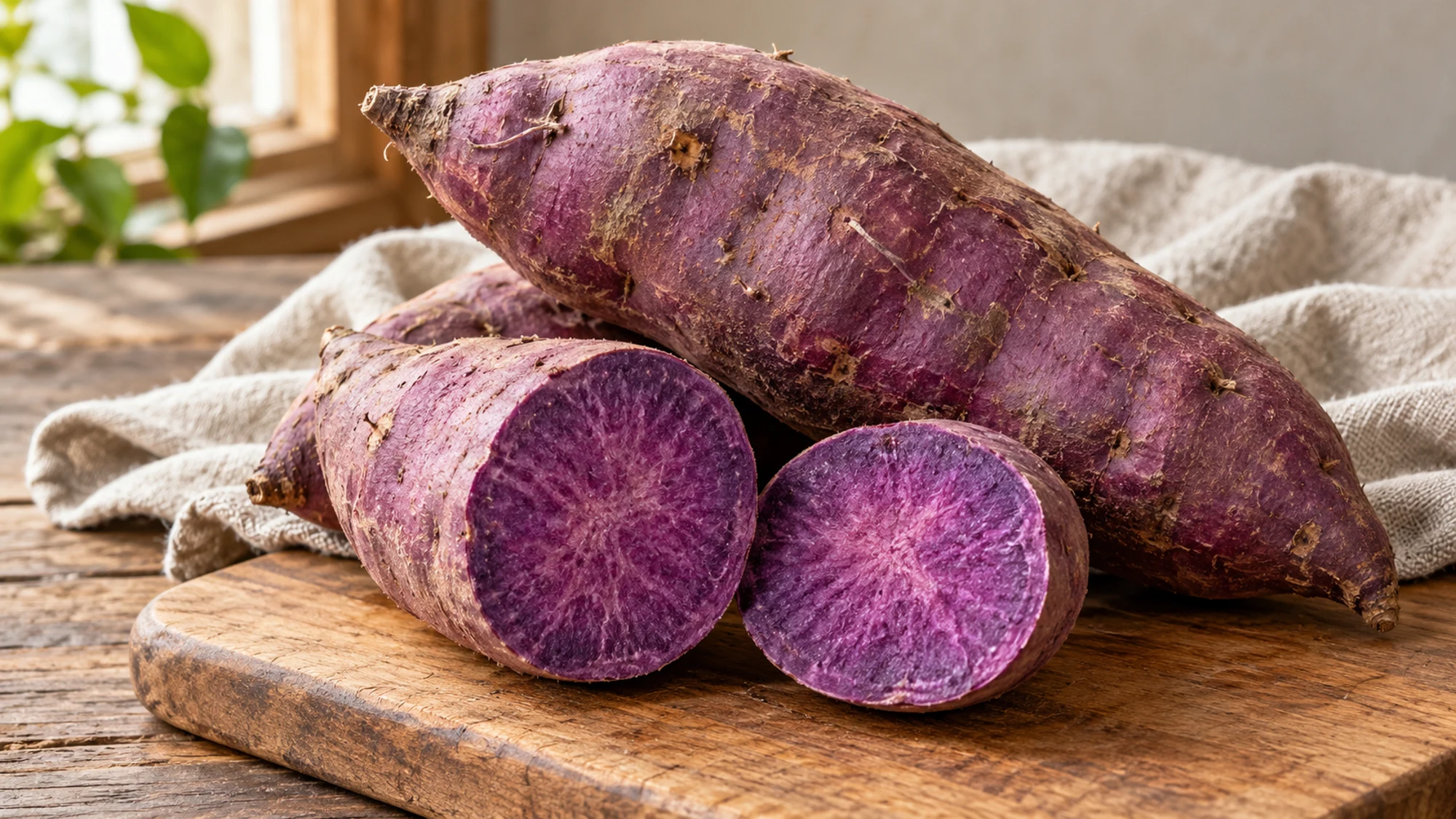 Whole and sliced raw purple sweet potato on a board