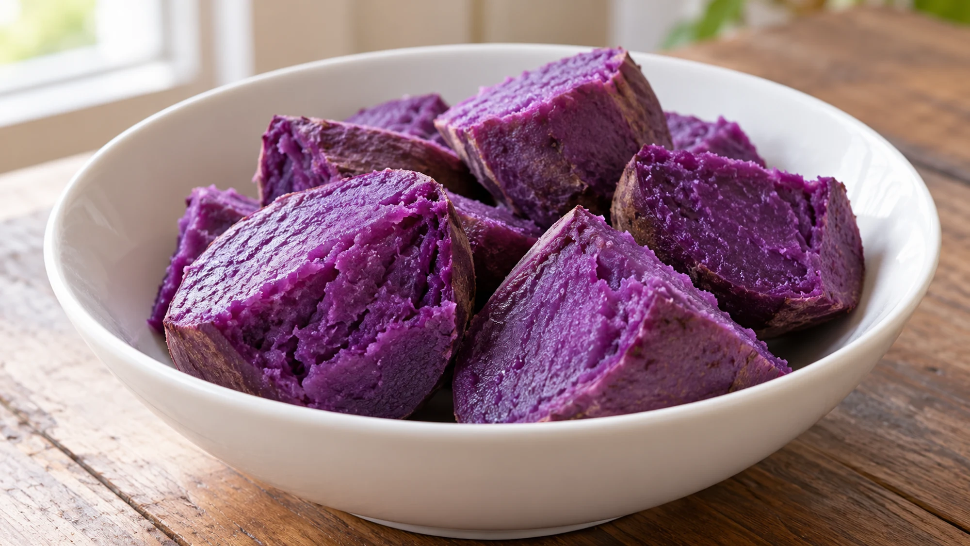 Steamed purple sweet potato chunks in a white bowl