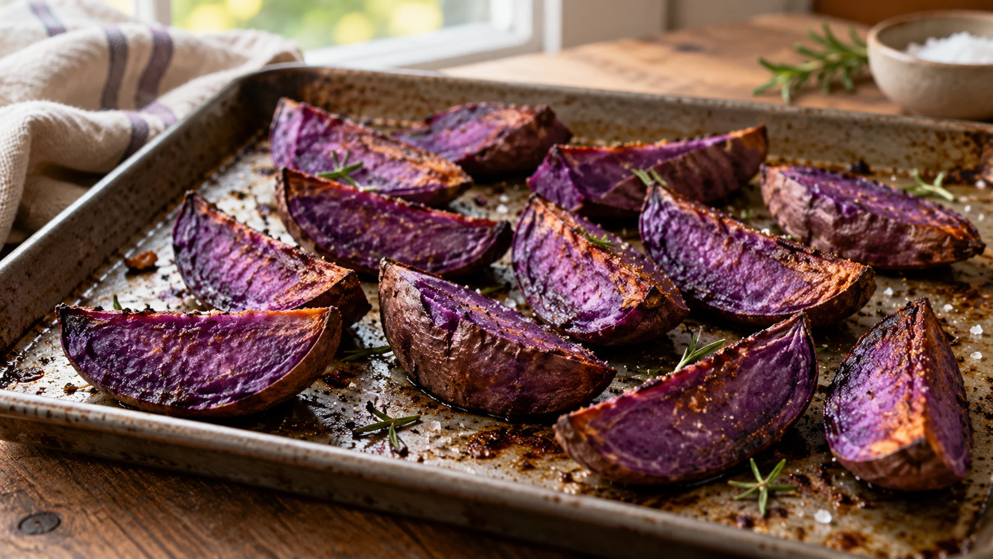 Roasted purple sweet potato wedges with browned edges