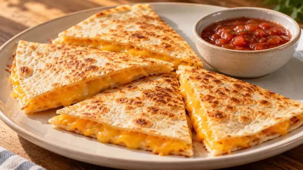 Golden wedges from a cheese quesadilla recipe with salsa