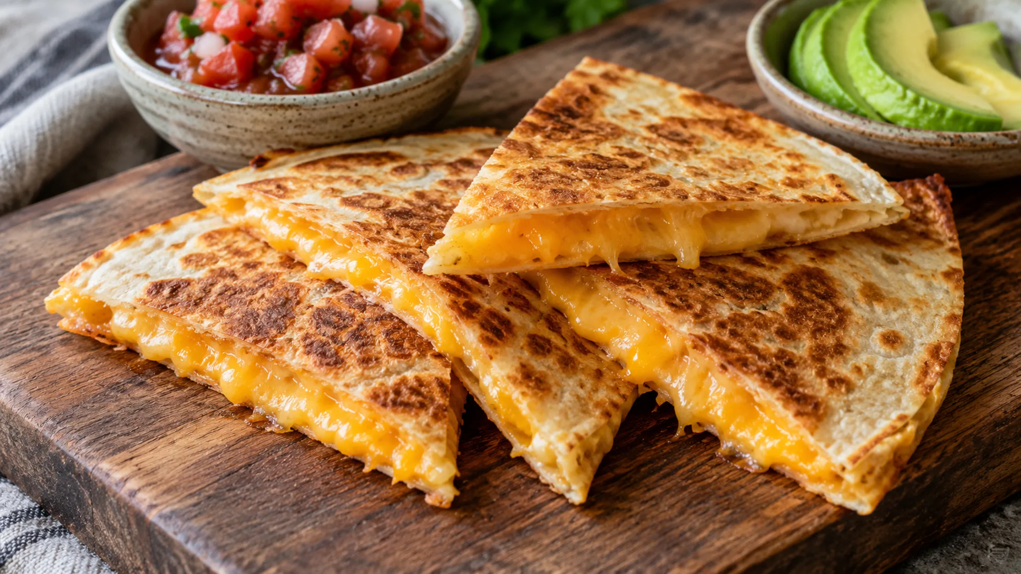 Cheese quesadilla recipe wedges served with salsa and avocado