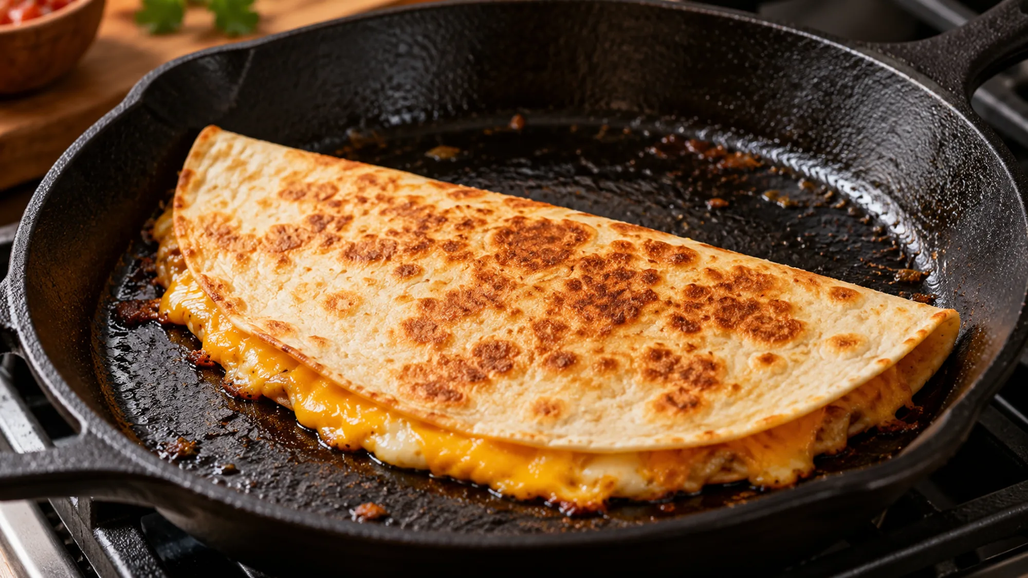Folded cheese quesadilla recipe browning in a skillet