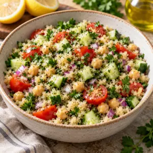 Quinoa salad with chickpeas and fresh vegetables