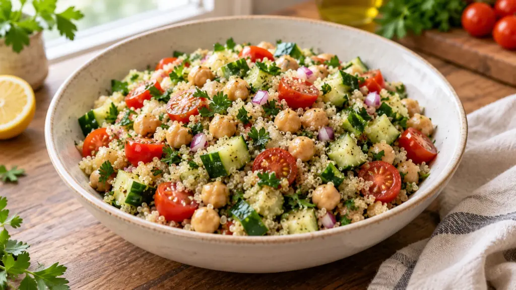 Quinoa salad with cucumber, tomatoes, chickpeas and parsley in a ceramic bowl