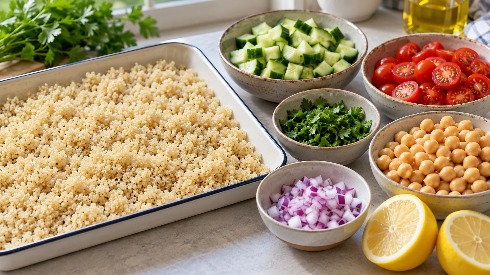 Cooked quinoa and prepared vegetables for quinoa salad