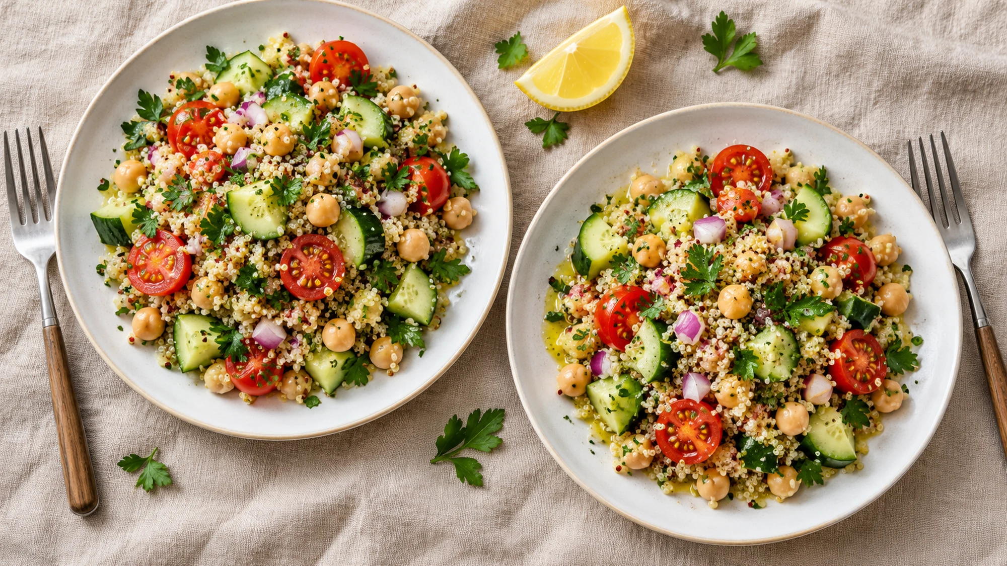 Two plates of quinoa salad with lemon wedges