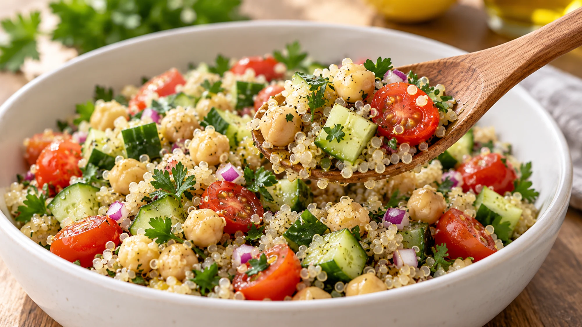 A spoonful of quinoa salad showing grains, chickpeas and crisp vegetables