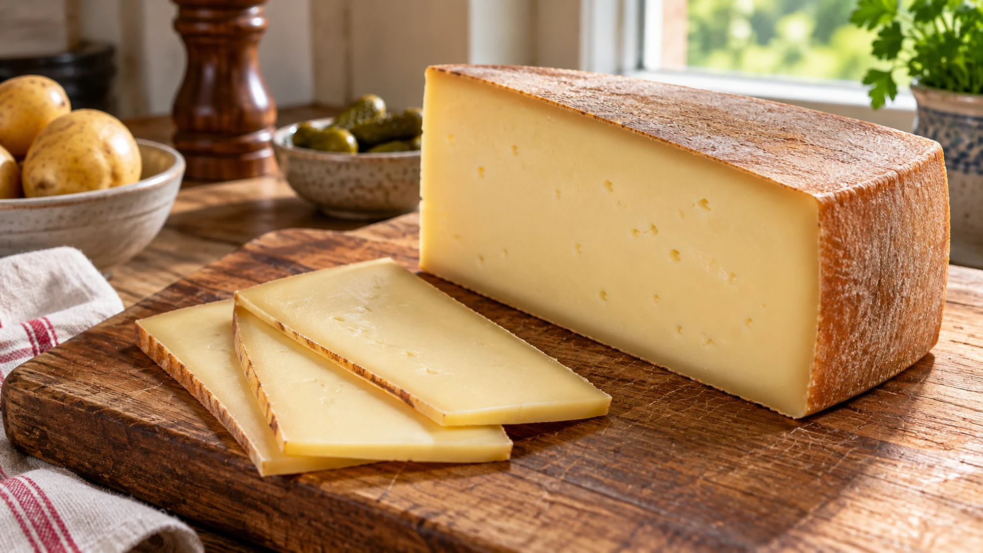 Raclette cheese wedge with a natural brown rind and thin pale slices on a wooden board