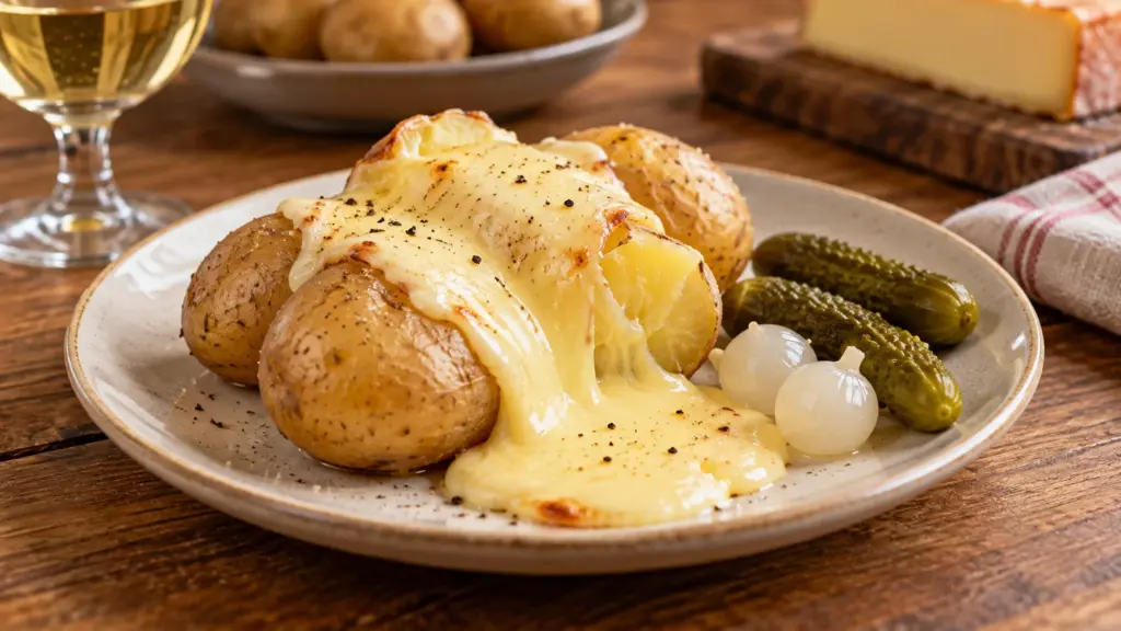 Melted raclette cheese over skin-on potatoes with cornichons and pickled onions