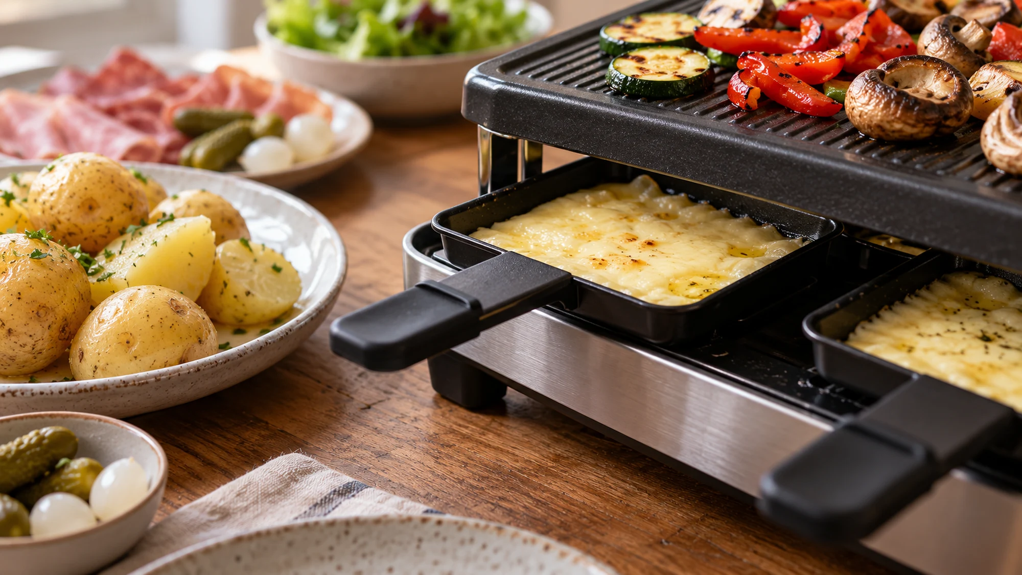 Raclette cheese melting in black pans beneath a tabletop grill beside cooked potatoes
