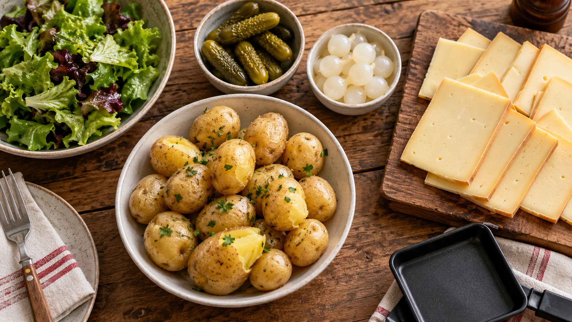 Sliced raclette cheese with boiled potatoes, cornichons, pickled onions and green salad
