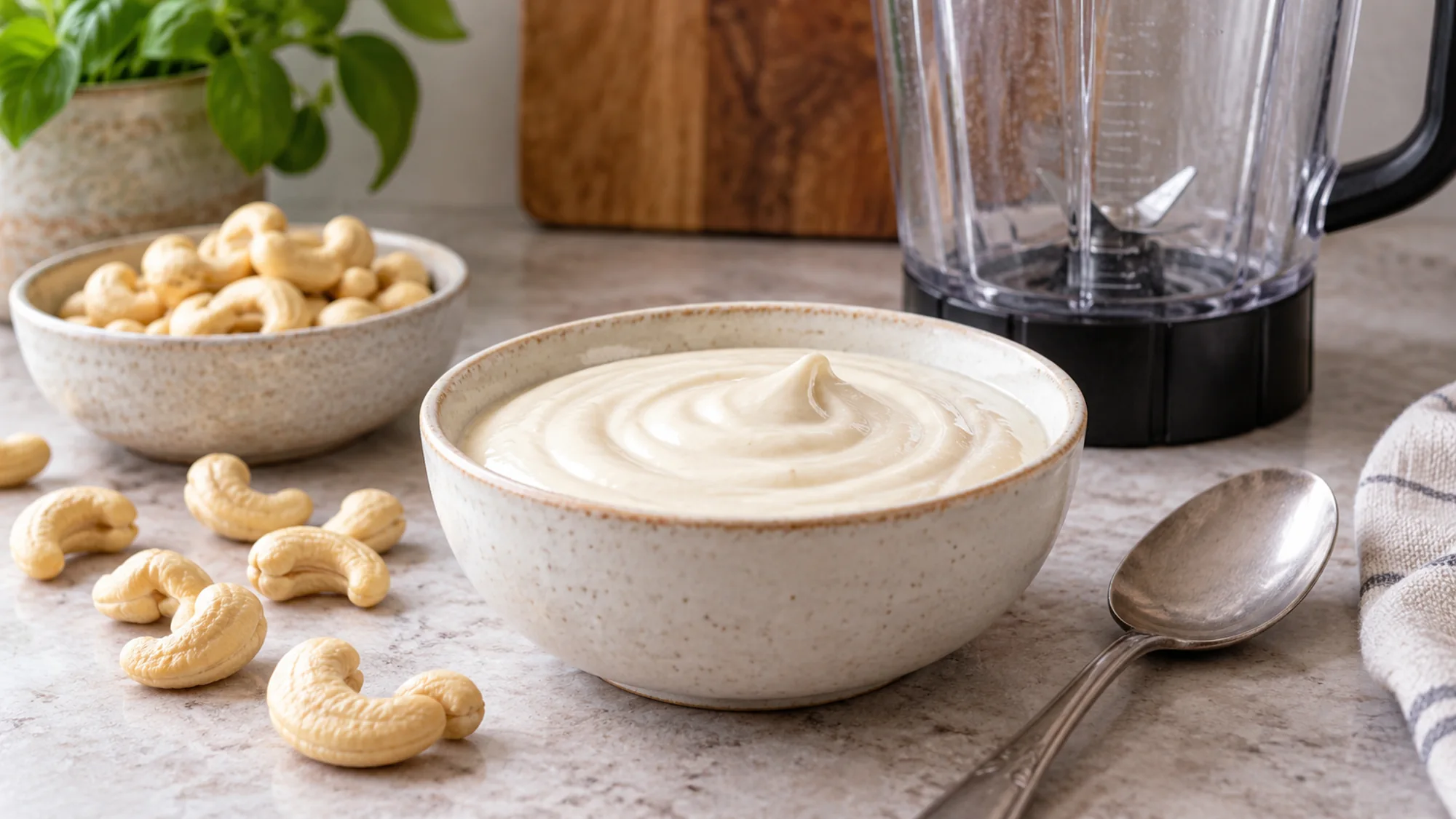 Smooth cashew cream beside shelled cashews and a blender