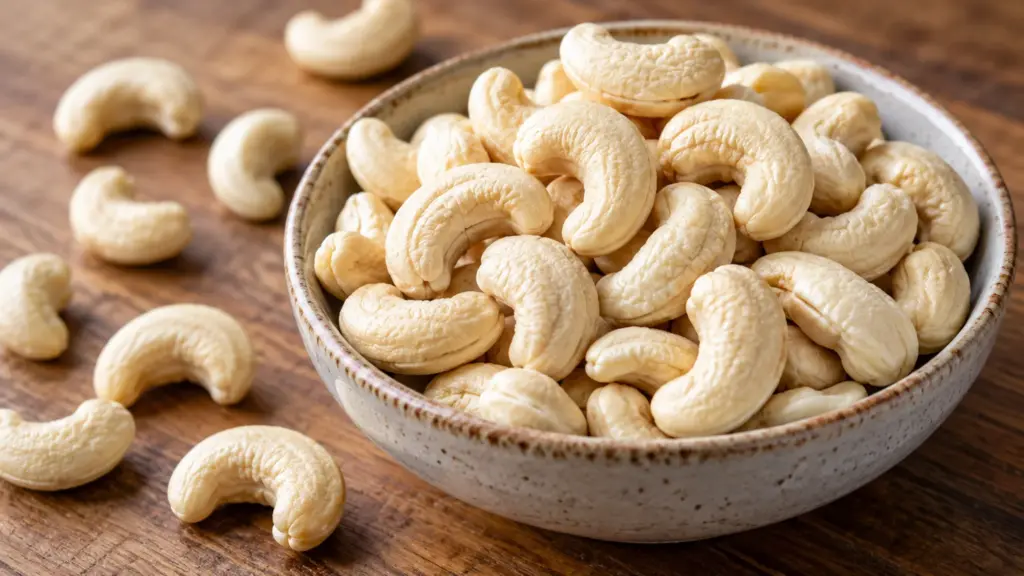 Pale commercially shelled raw cashews in a ceramic bowl