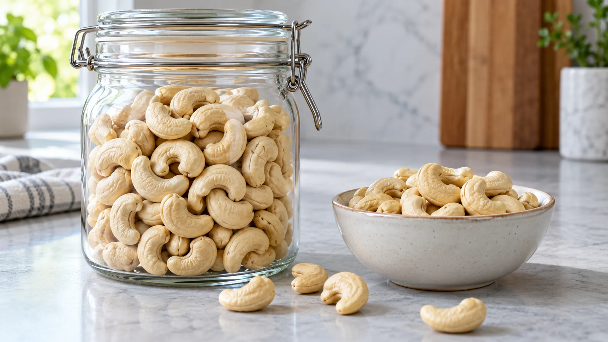 Shelled cashews stored in a closed glass jar