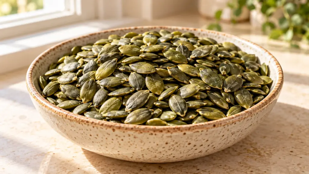 Raw pumpkin seeds with green hull-free kernels in a ceramic bowl