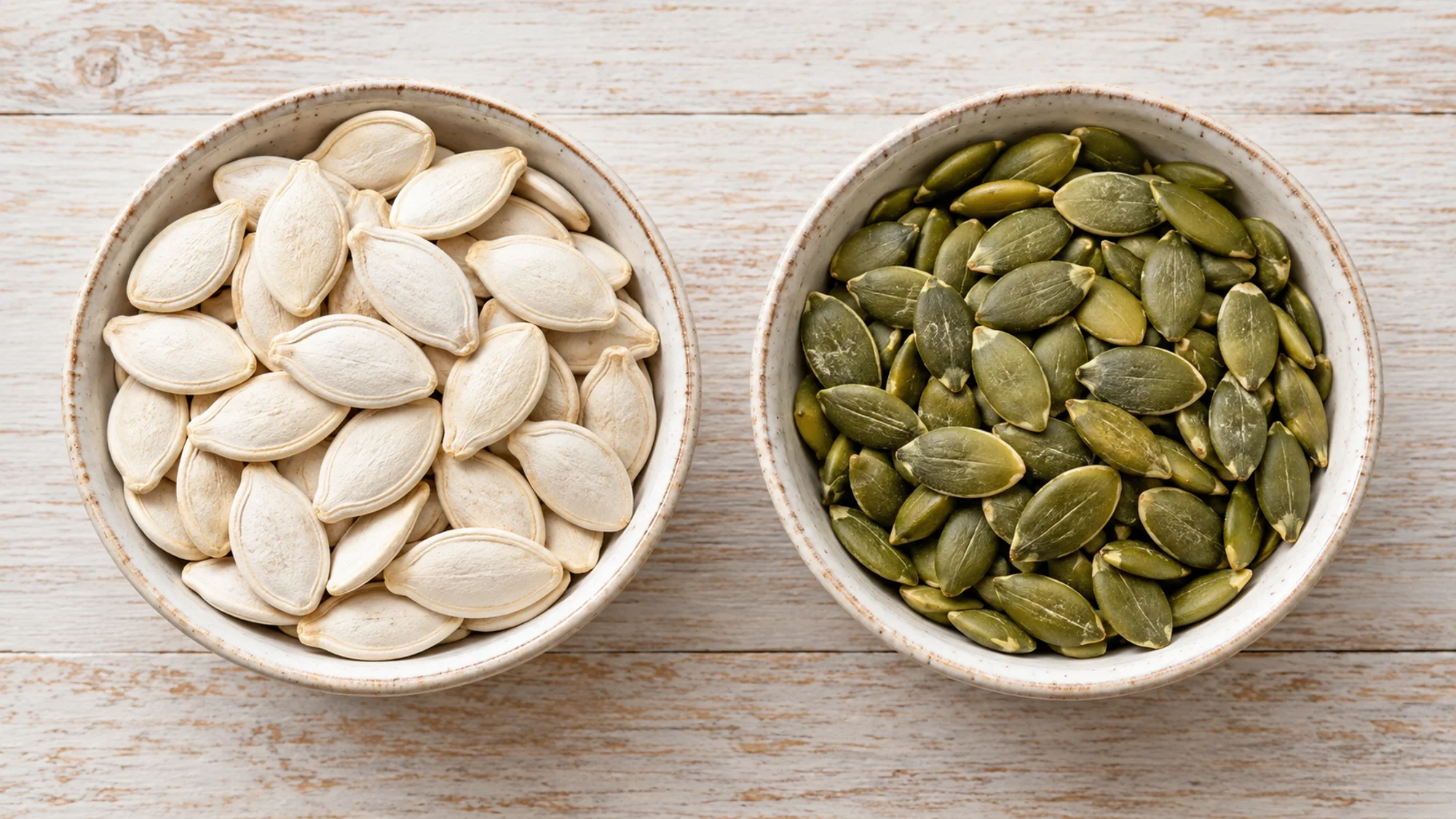 Raw pumpkin seeds shown with white hulls and as green shelled kernels