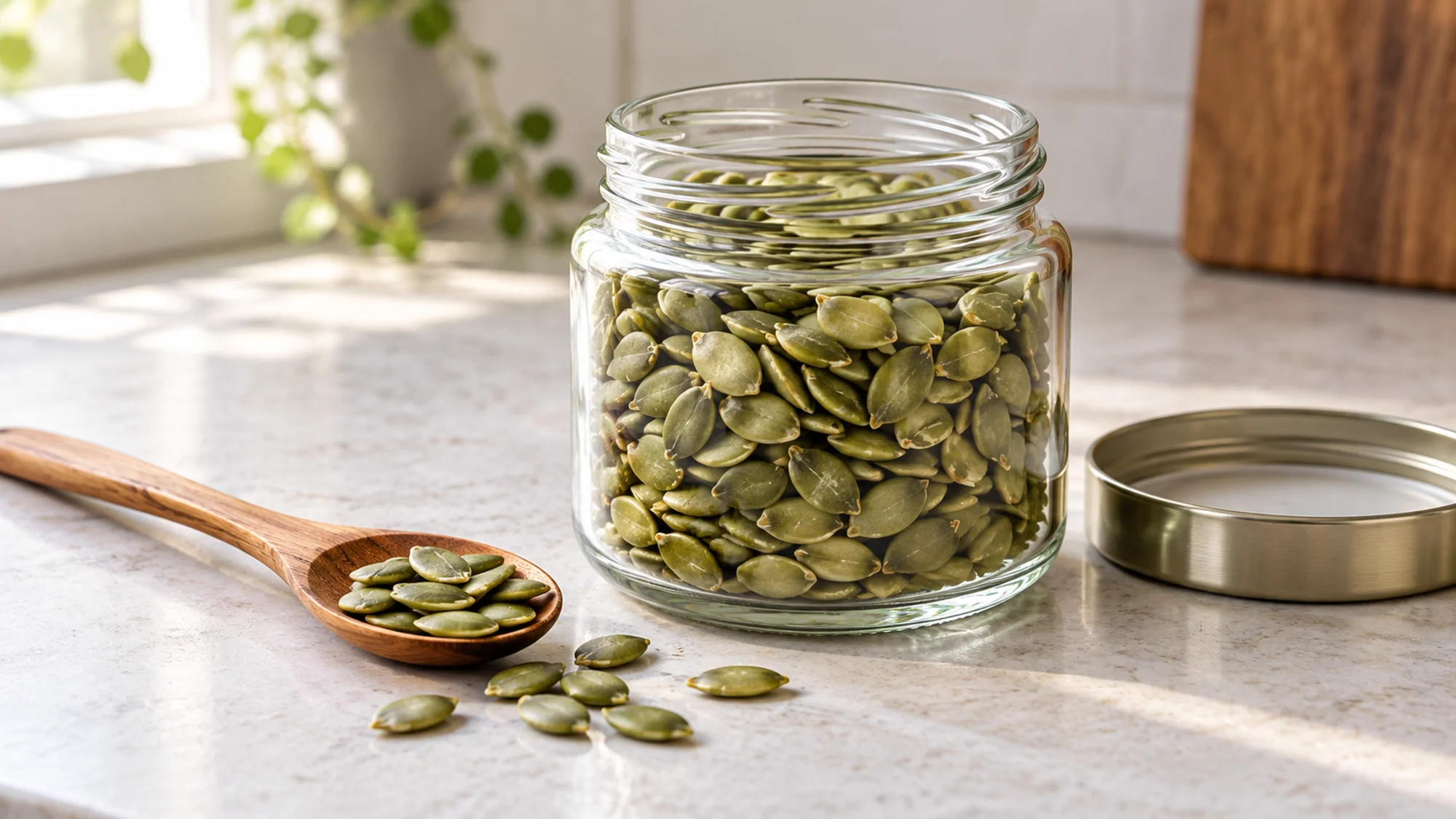 Raw pumpkin seeds in an open glass storage jar beside a wooden spoon