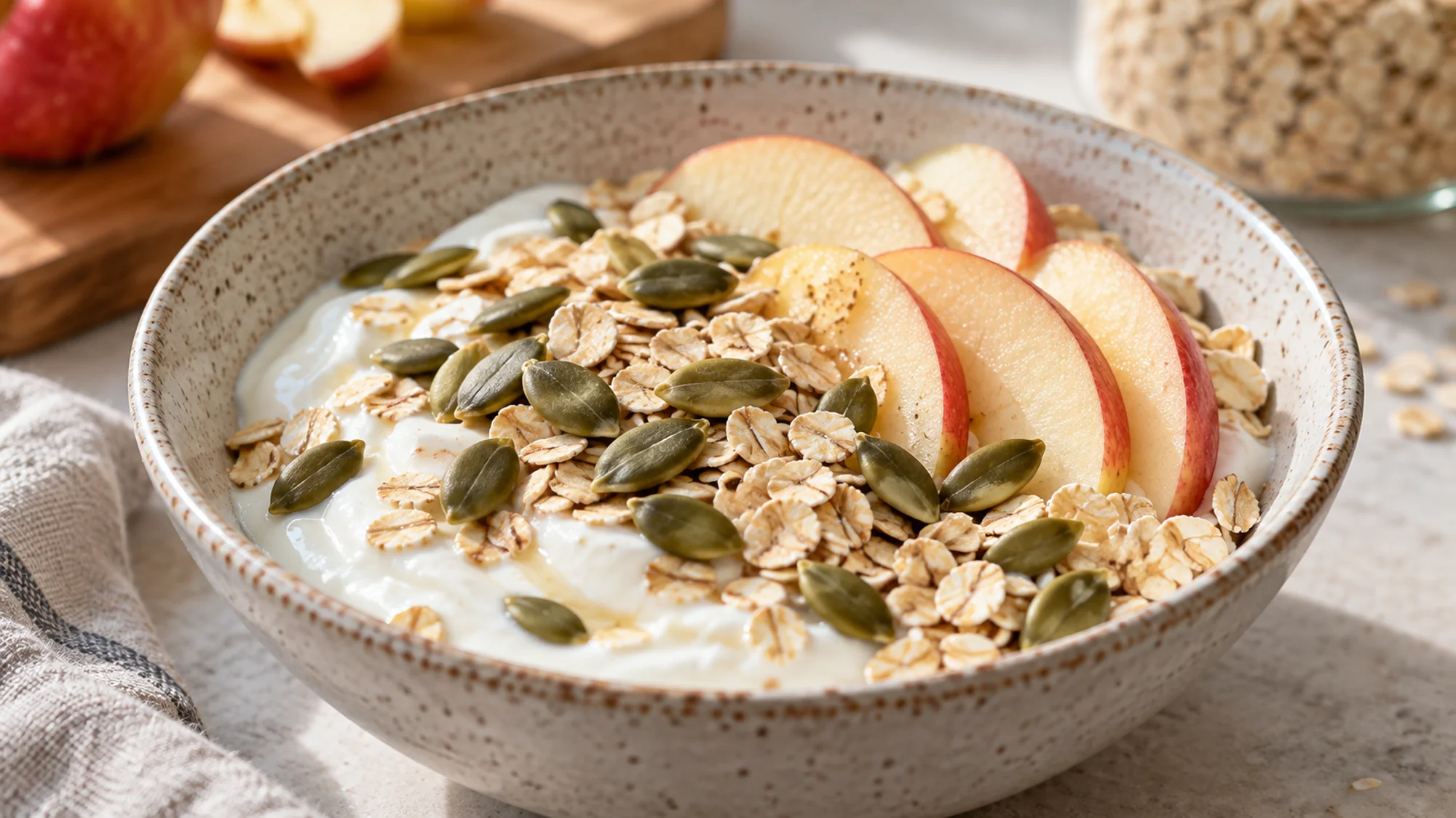 Raw pumpkin seeds scattered over yogurt, oats and sliced apple