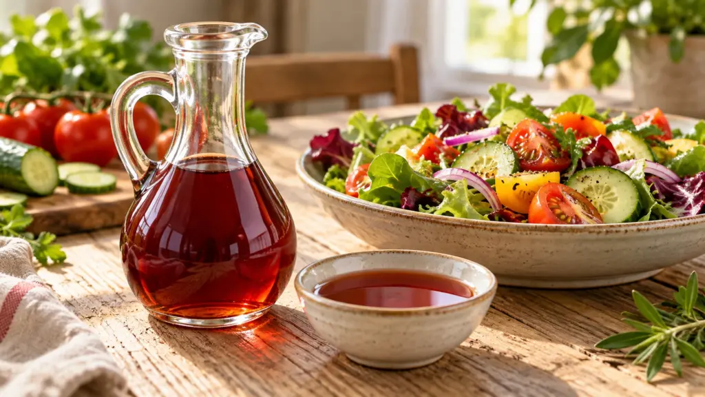 Red wine vinegar in a glass cruet beside a fresh vegetable salad