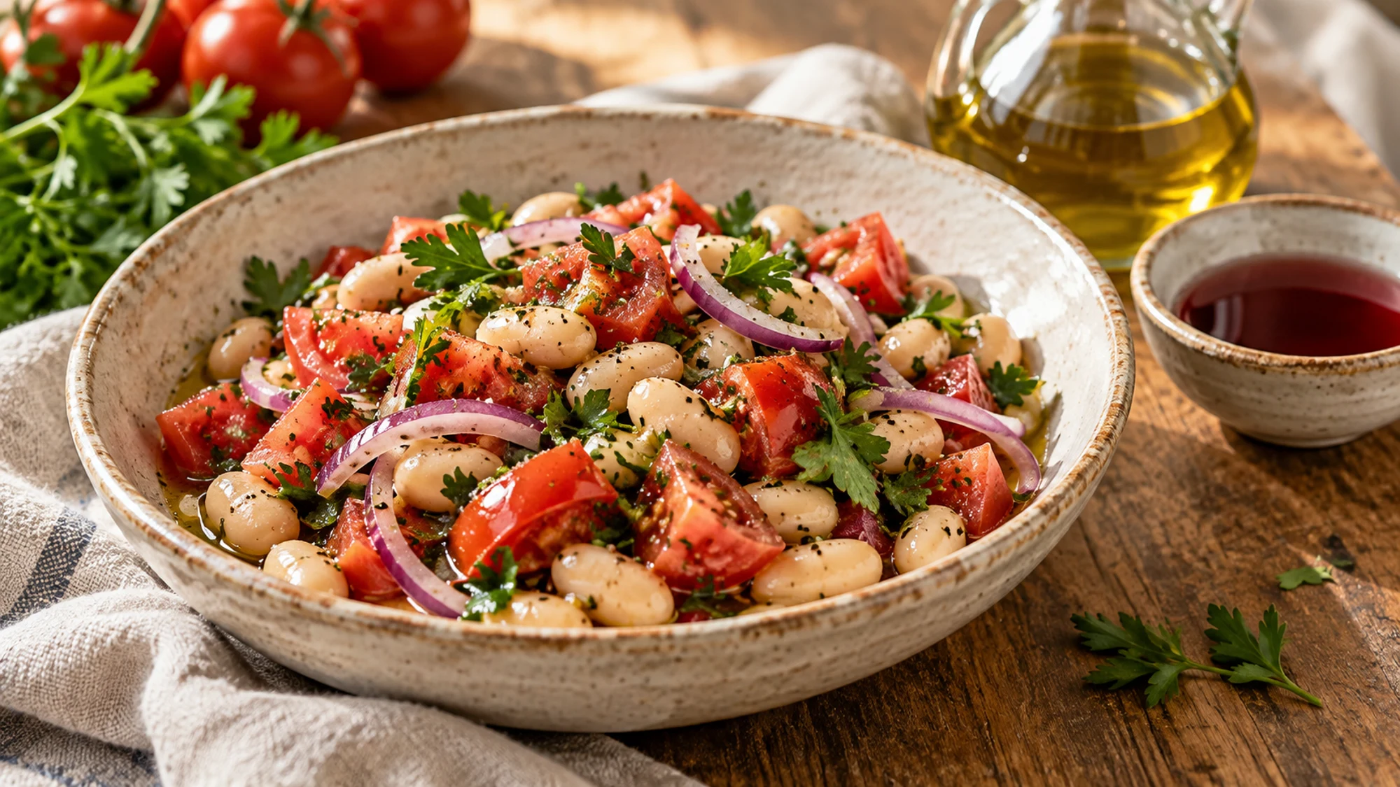 White bean and tomato salad with red wine vinegar dressing