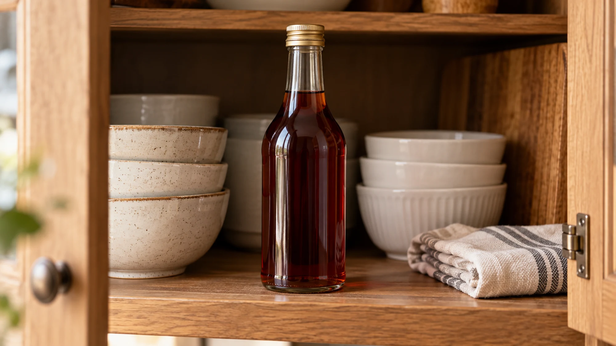 Capped bottle of red wine vinegar stored in a shaded pantry