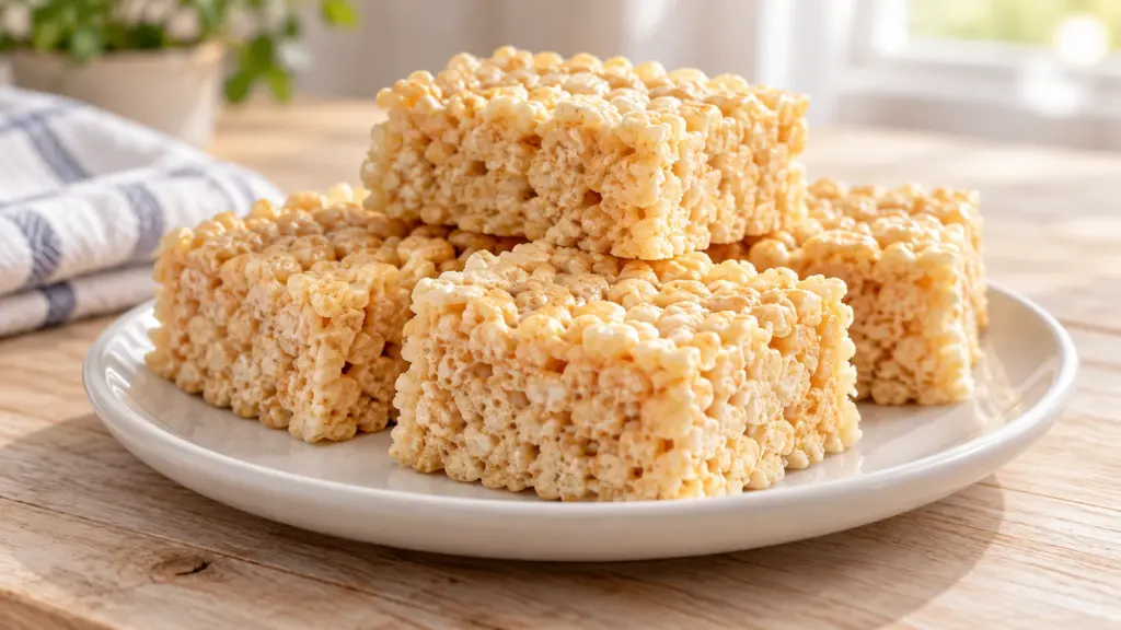 Rice krispie squares stacked on a white plate with airy crisped rice texture
