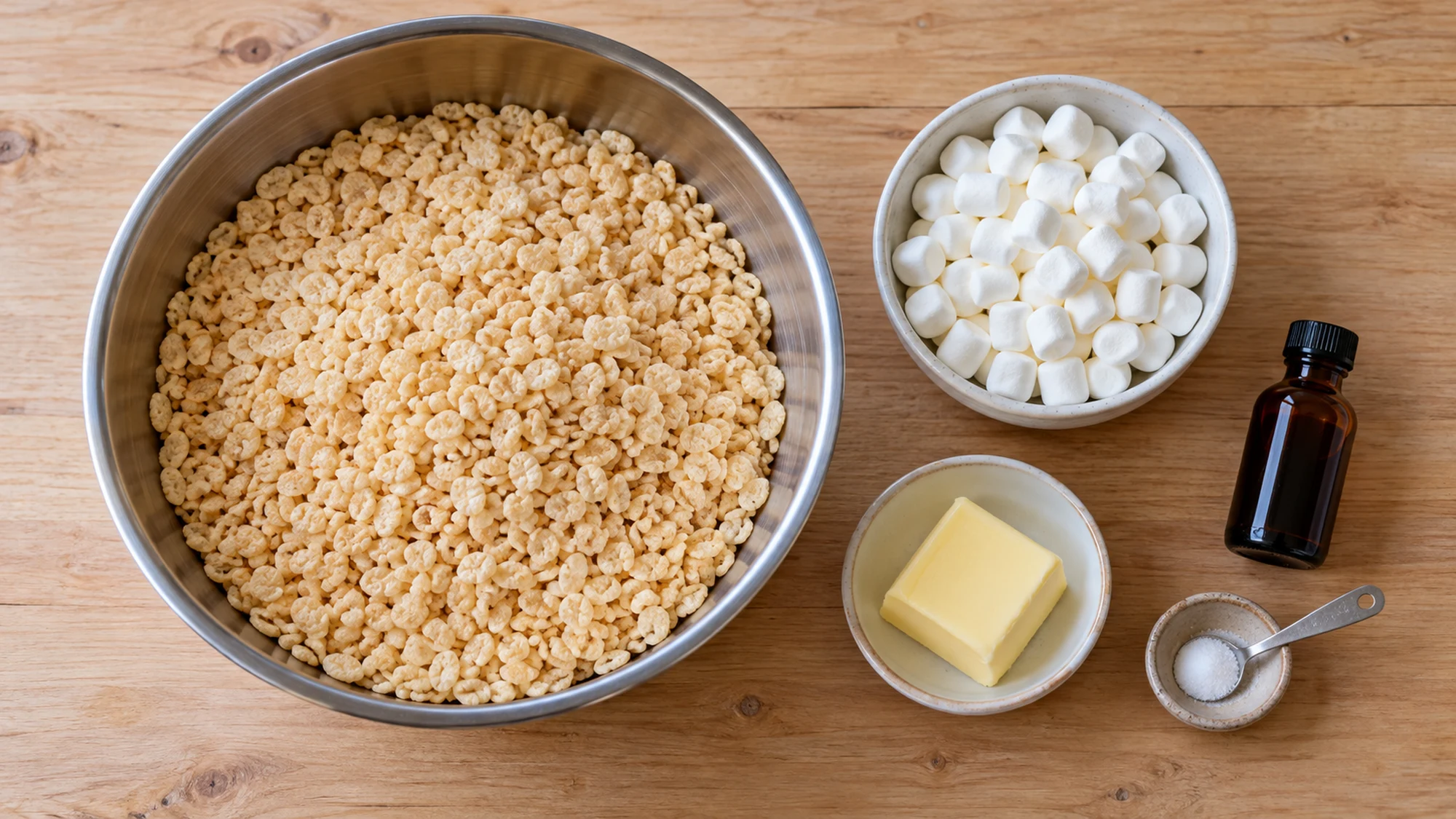 Ingredients for rice krispie squares arranged on a wooden worktop
