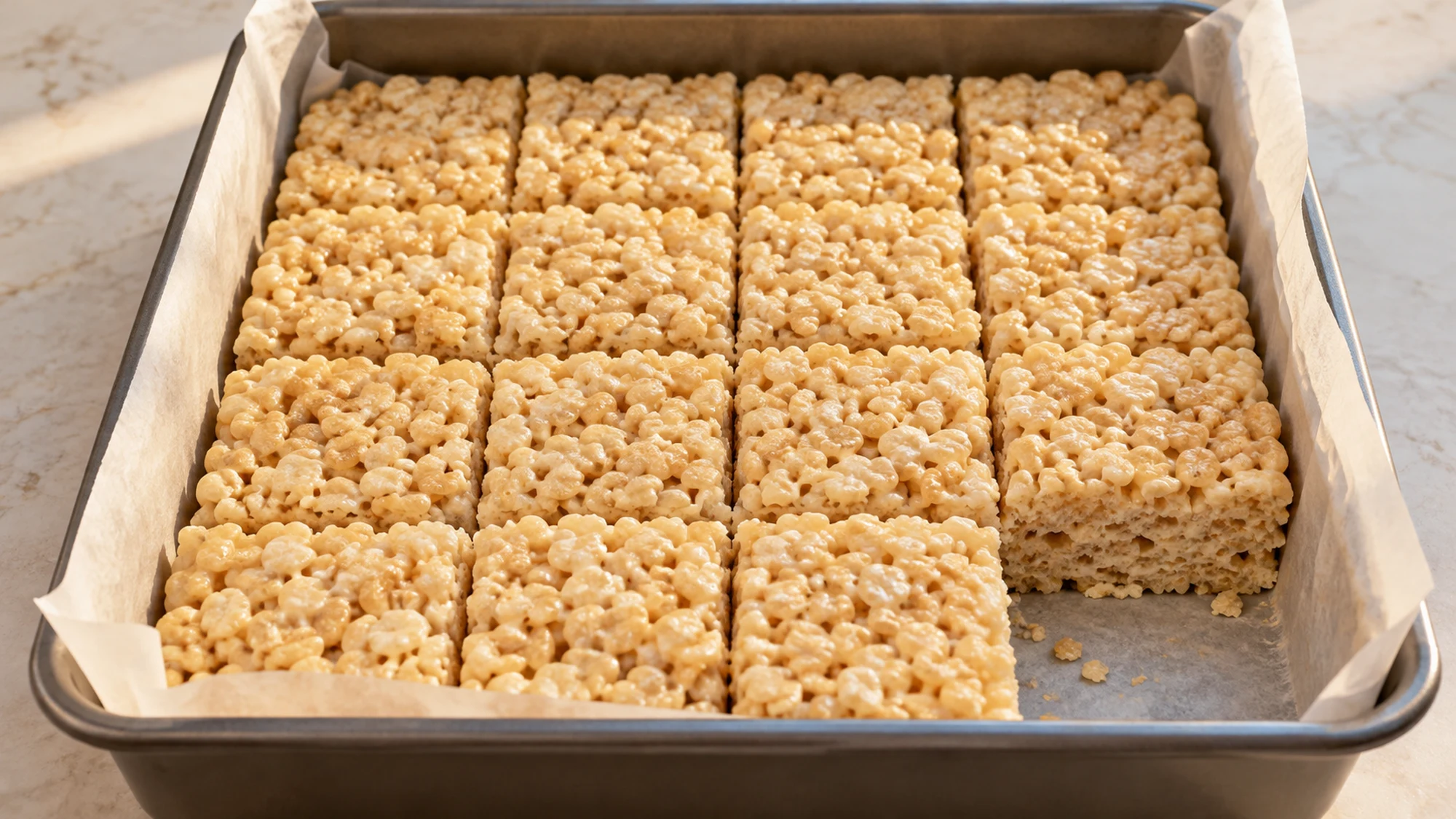 Rice krispie squares cut in a parchment-lined pan