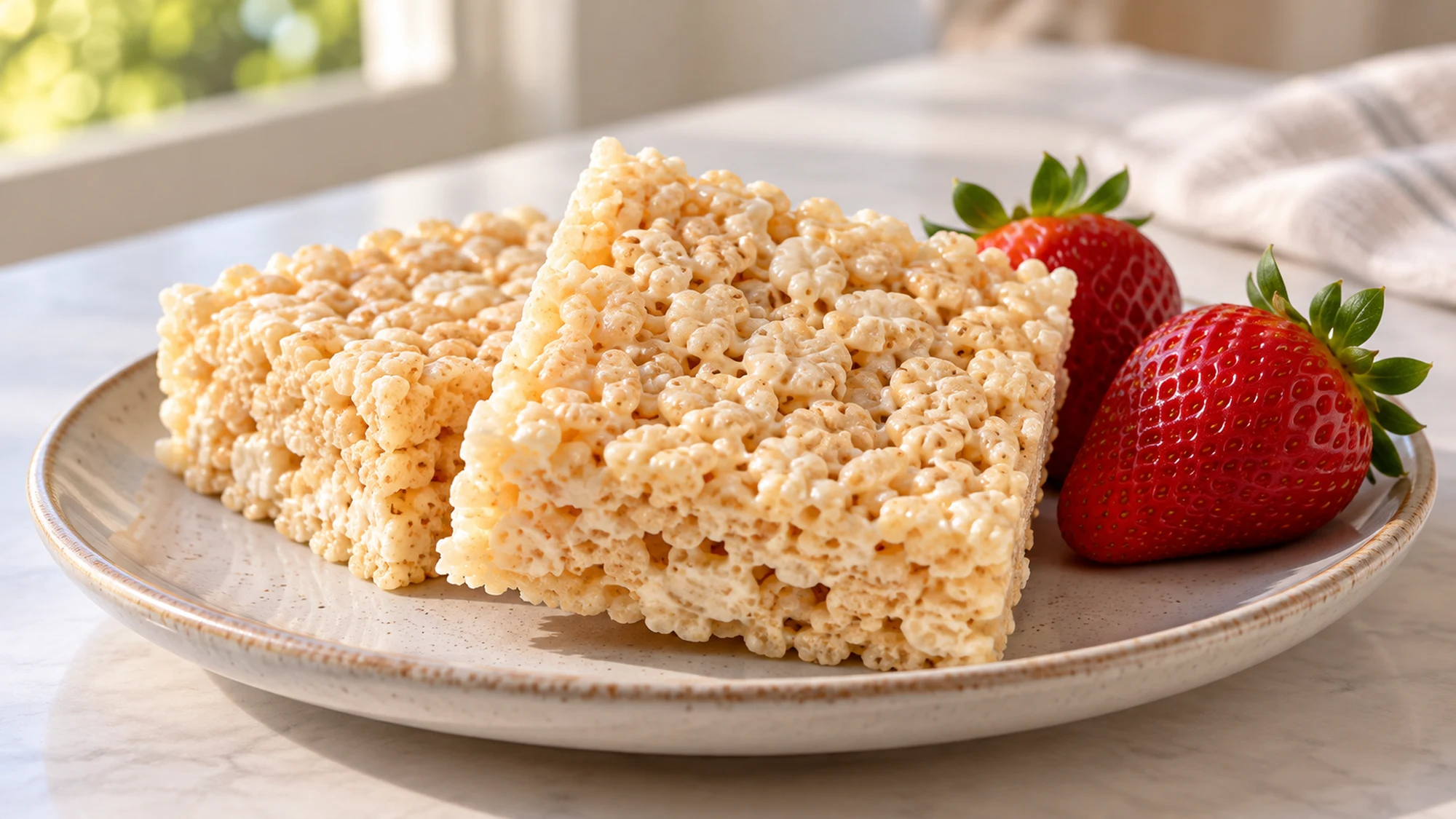 Rice krispie squares on a plate beside strawberries