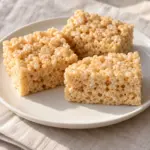 Three rice krispie squares showing crisped rice and marshmallow texture