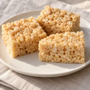Three rice krispie squares showing crisped rice and marshmallow texture