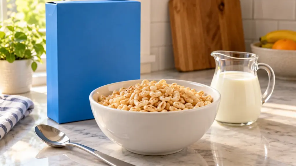 Bowl of crisped rice cereal beside an unbranded carton and milk
