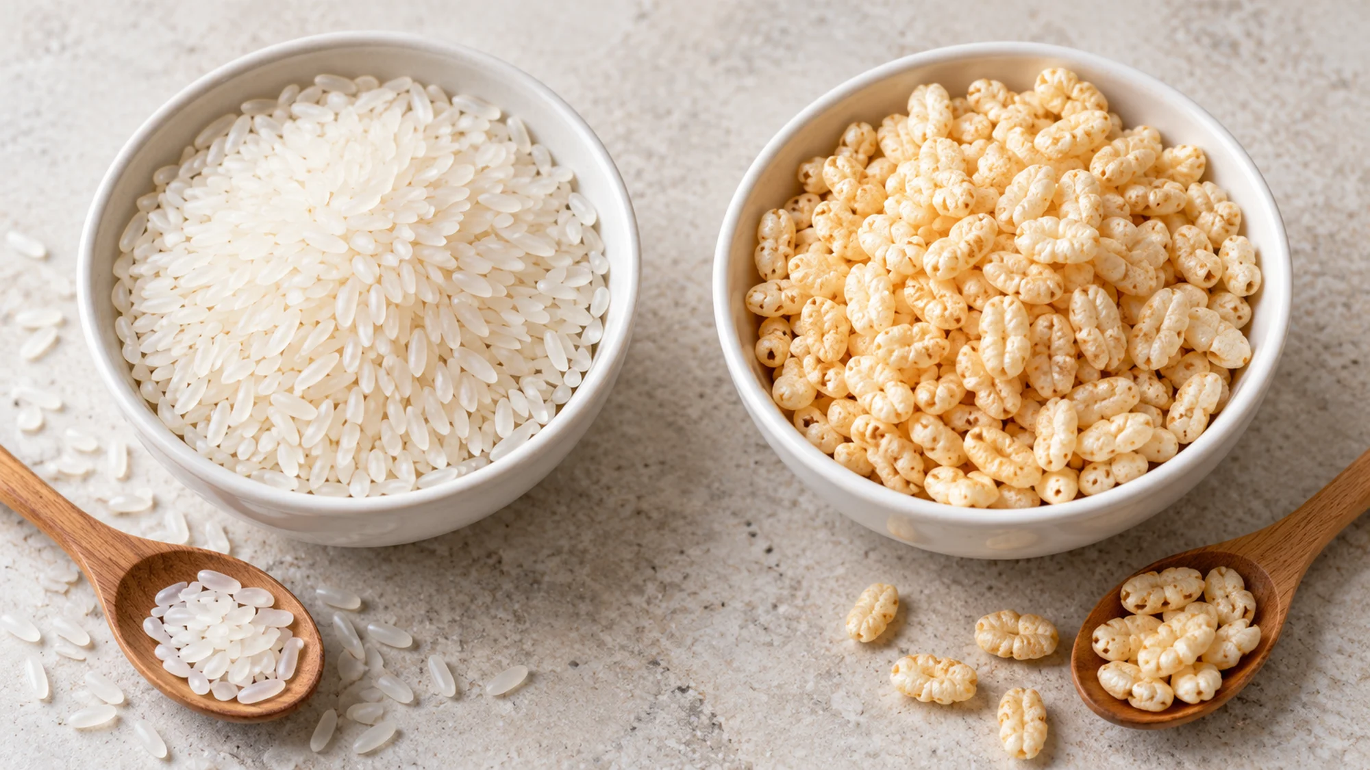 Uncooked rice grains beside a separate bowl of crisped rice cereal
