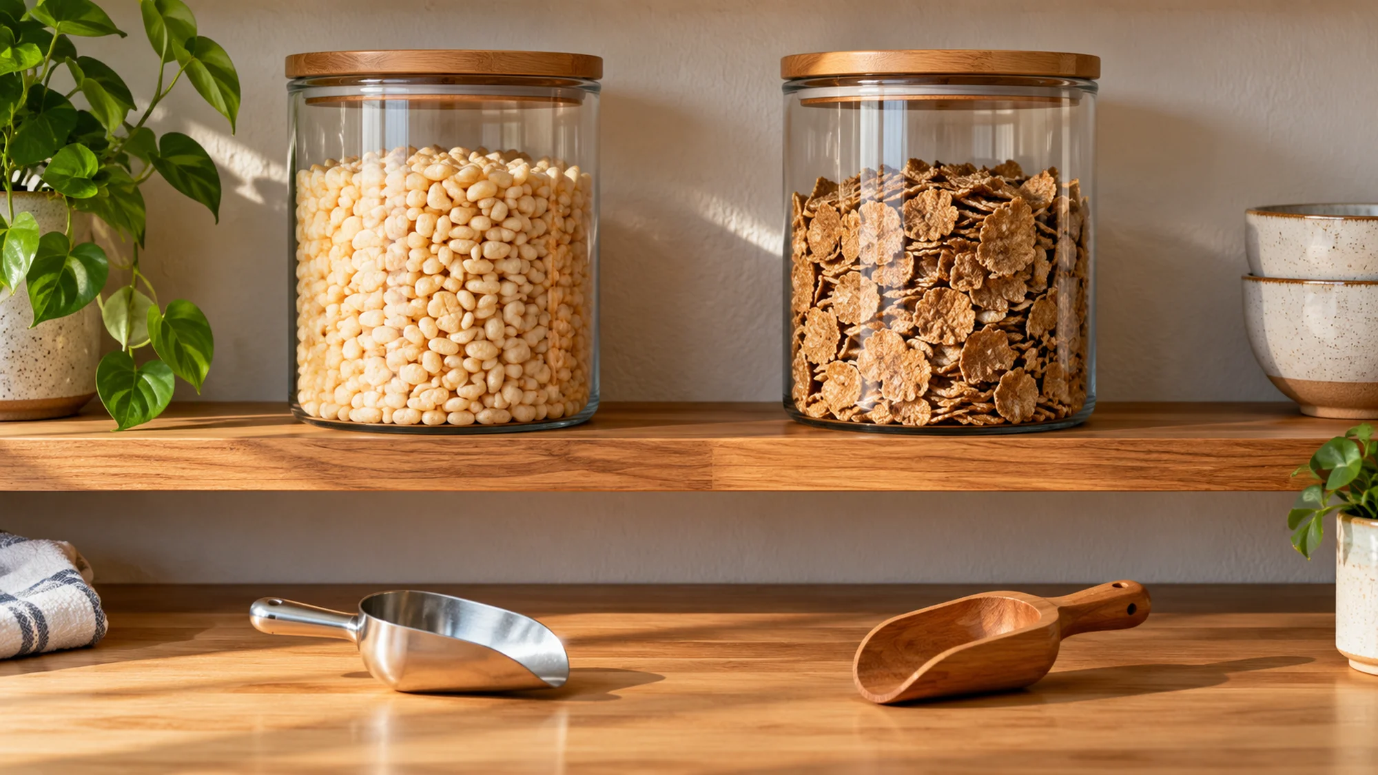 Separate closed cereal containers with individual scoops below