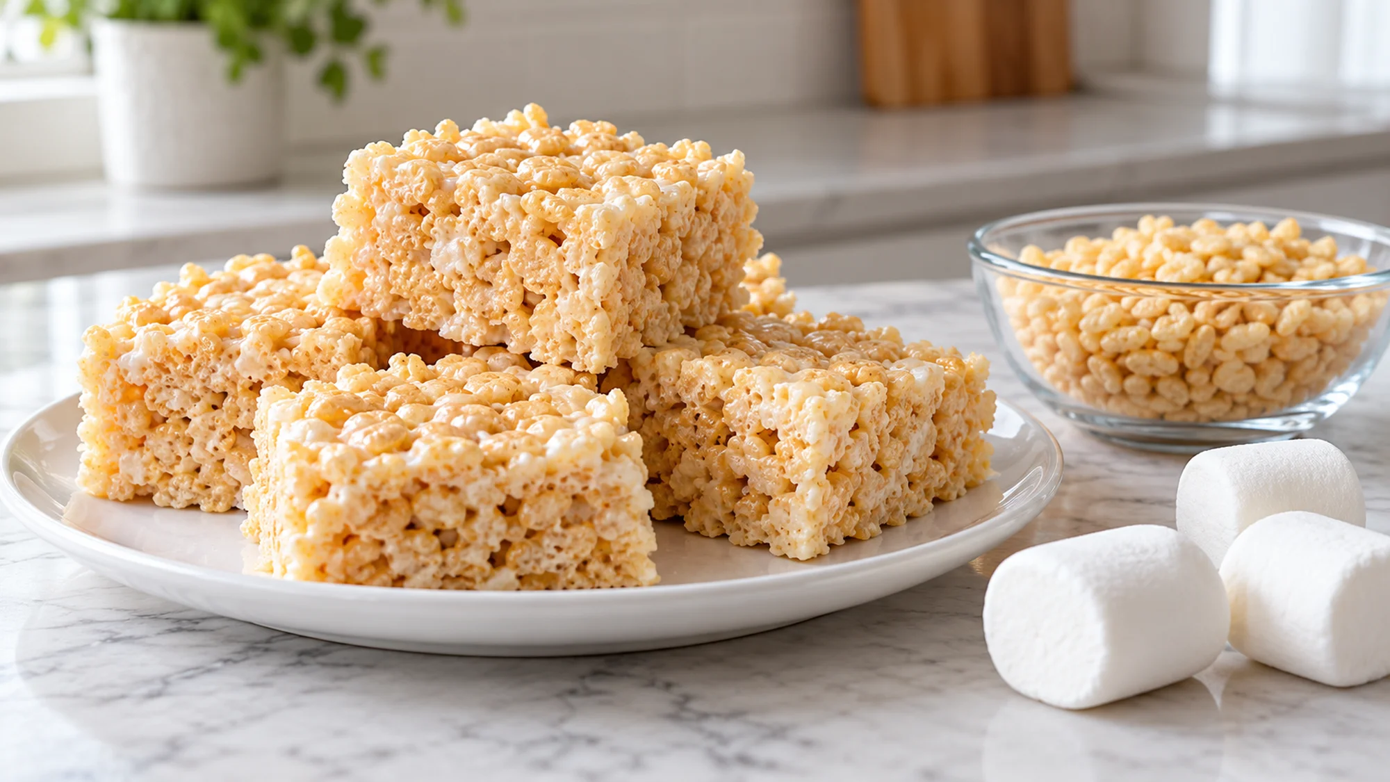 Crisped rice marshmallow squares with cereal and marshmallows beside them