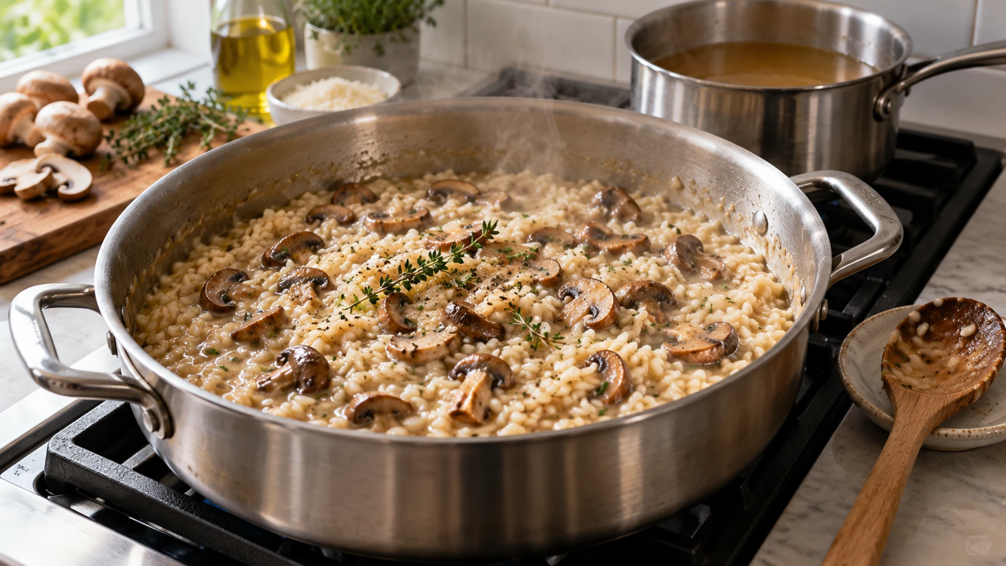 Mushroom risotto simmering in a wide pan beside warm broth
