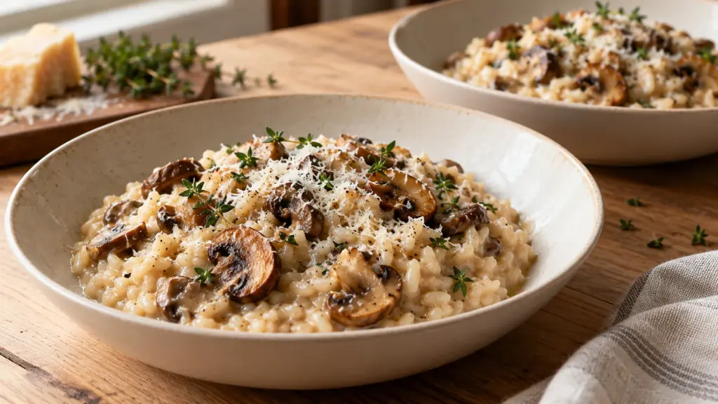 Risotto with browned mushrooms, Parmesan and thyme in two bowls