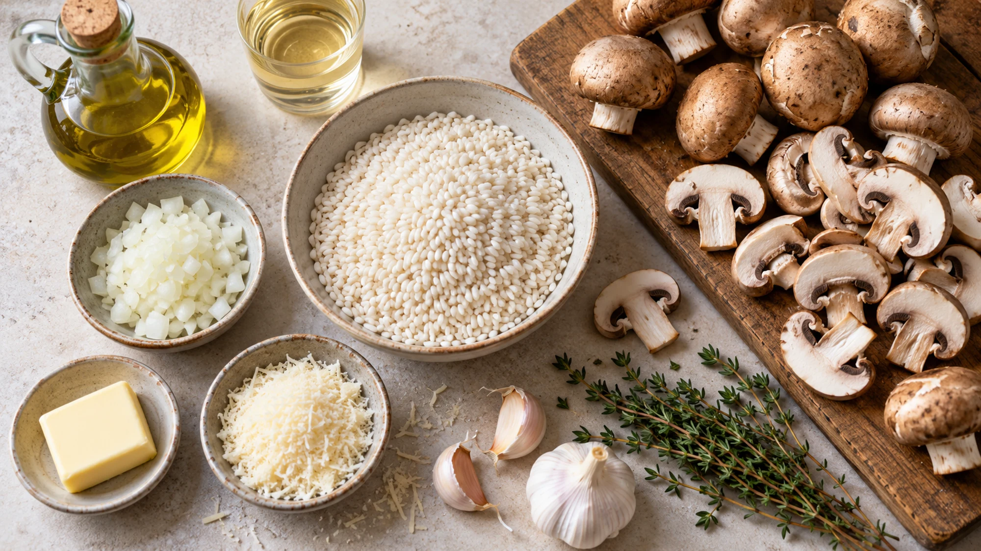 Arborio rice, cremini mushrooms, onion, Parmesan and other risotto ingredients