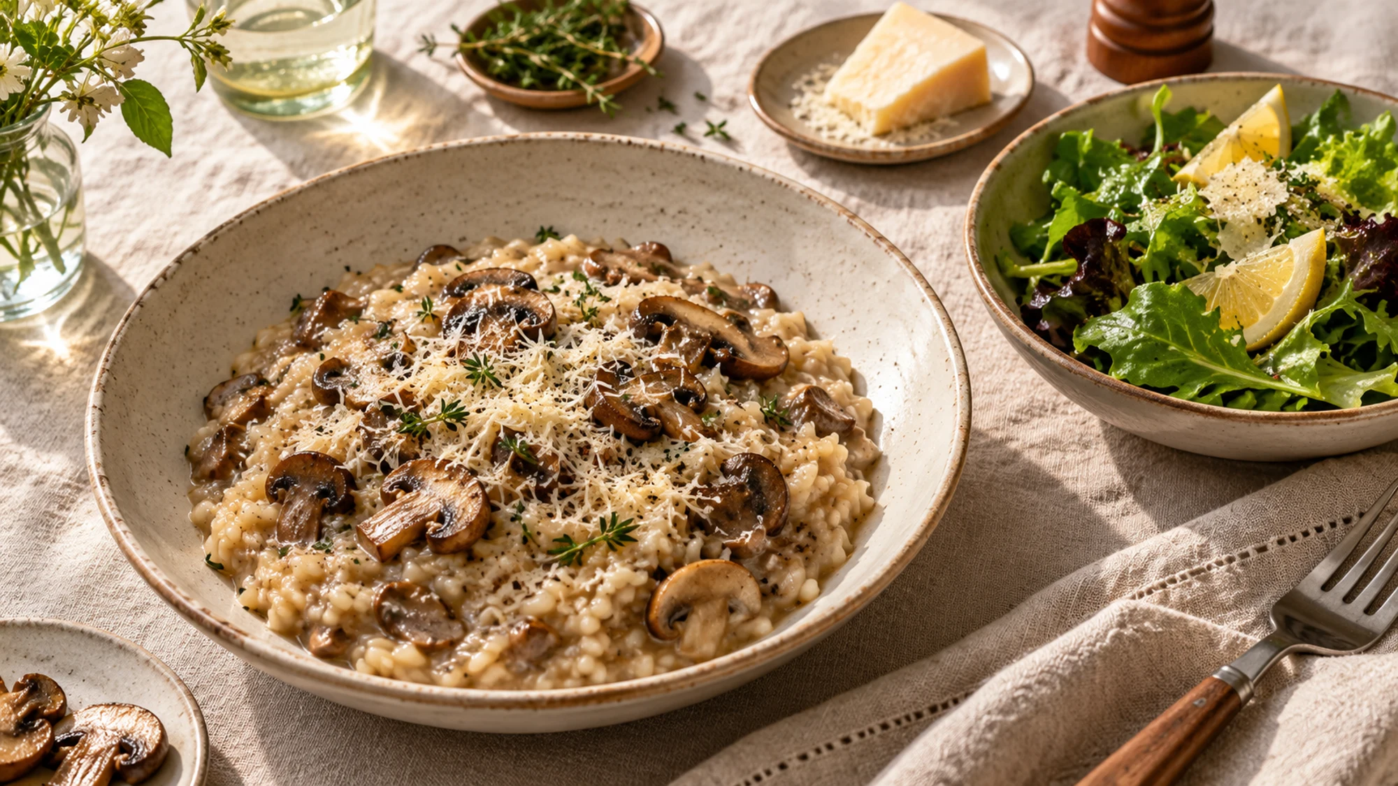 Mushroom risotto served with a separate green salad