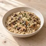 Bowl of risotto with browned cremini mushrooms and Parmesan