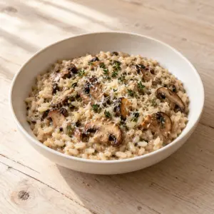 Bowl of risotto with browned cremini mushrooms and Parmesan