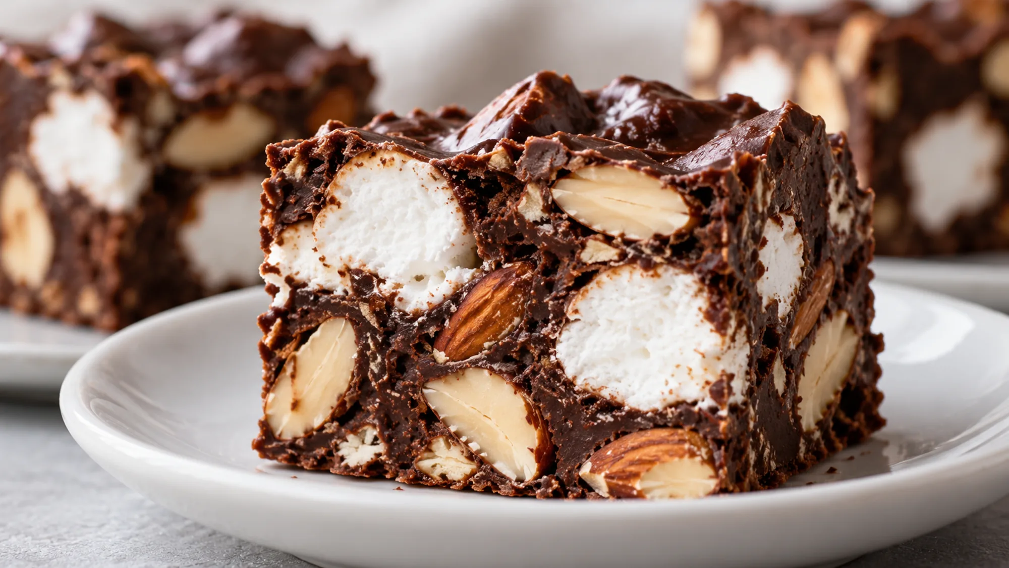 rocky road recipe cut face with marshmallows and almonds
