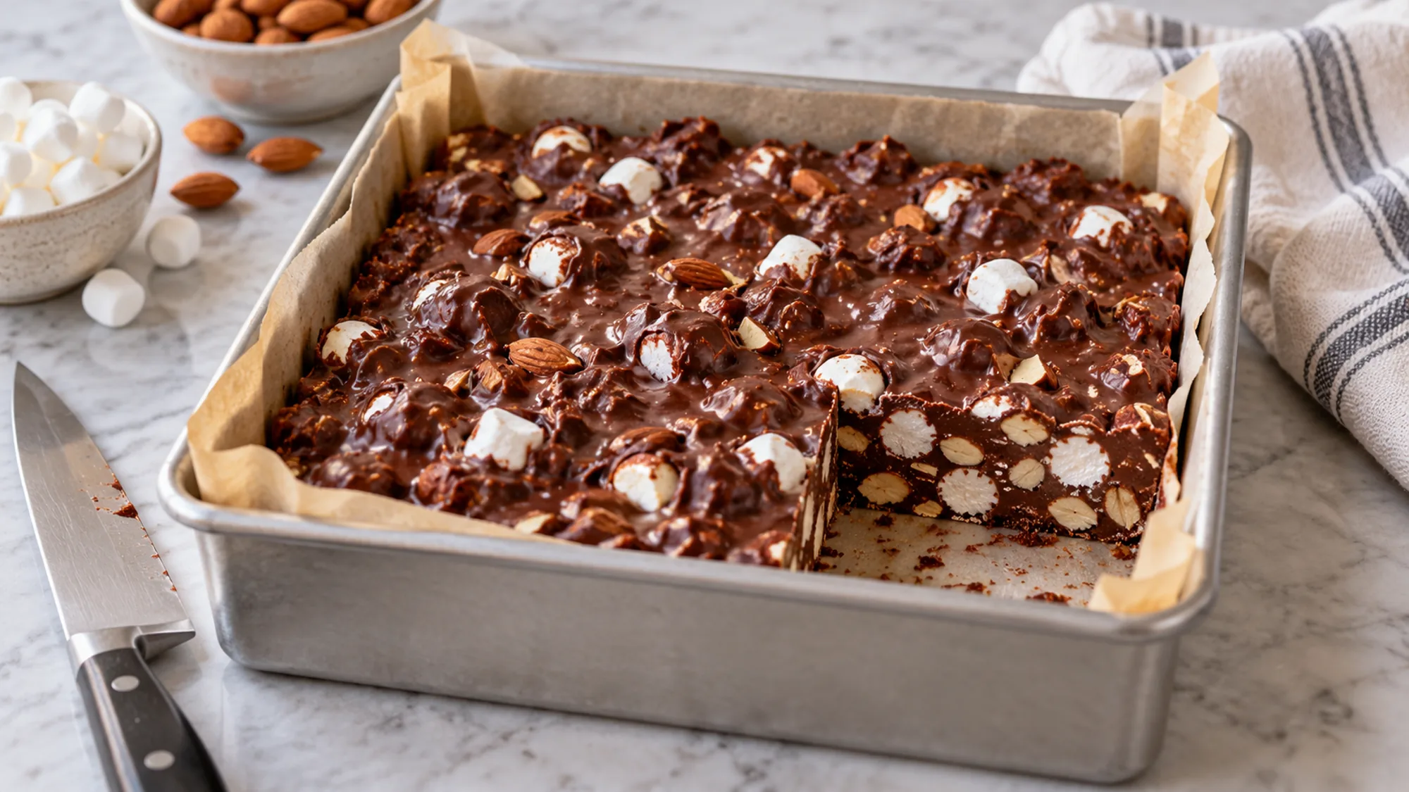 rocky road recipe slab in a parchment-lined pan