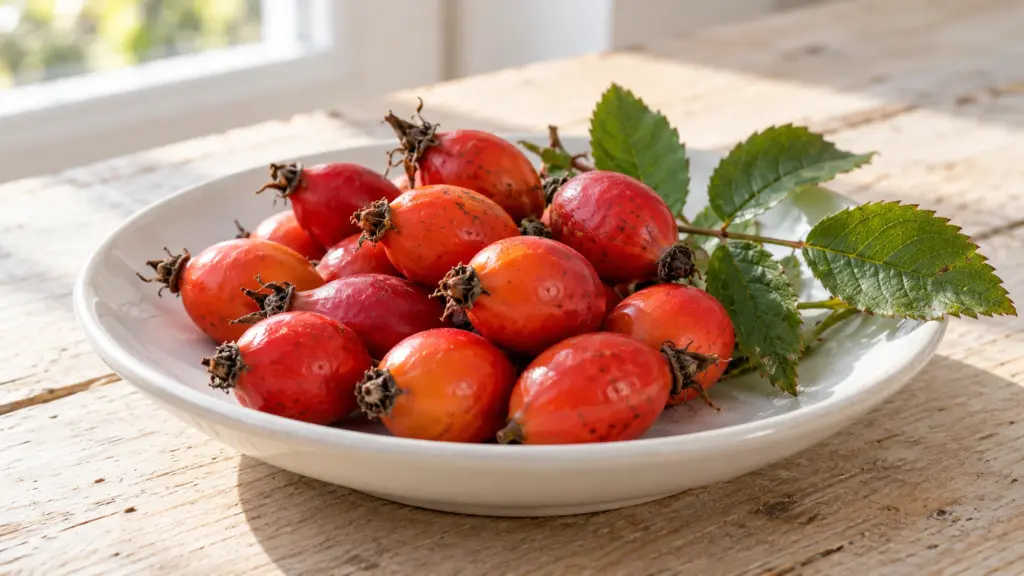Ripe red-orange rose hips on a ceramic plate with green rose leaves