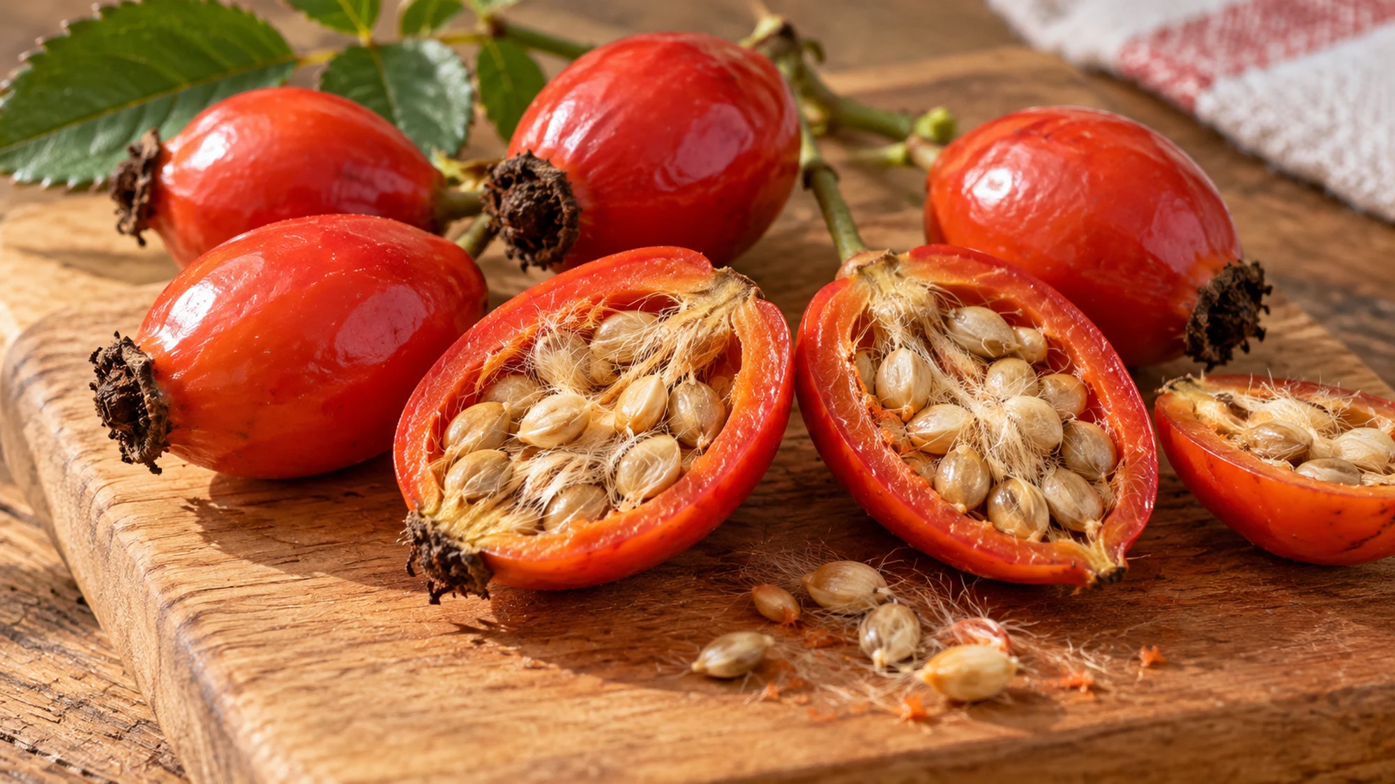 Halved rose hips showing the seeds and fine hairs inside the fruit