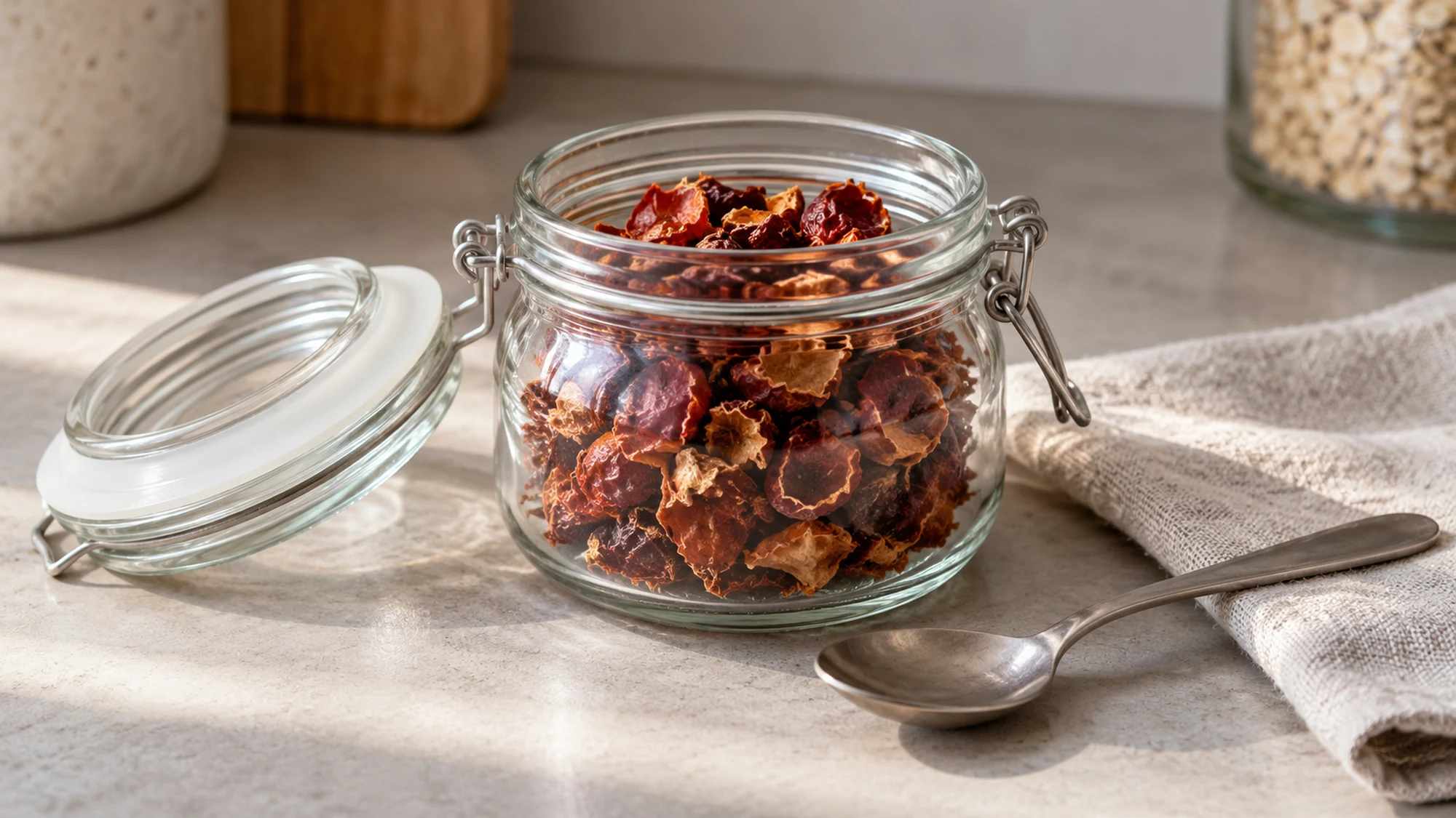 Dried deseeded rose hips pieces in an airtight glass storage jar